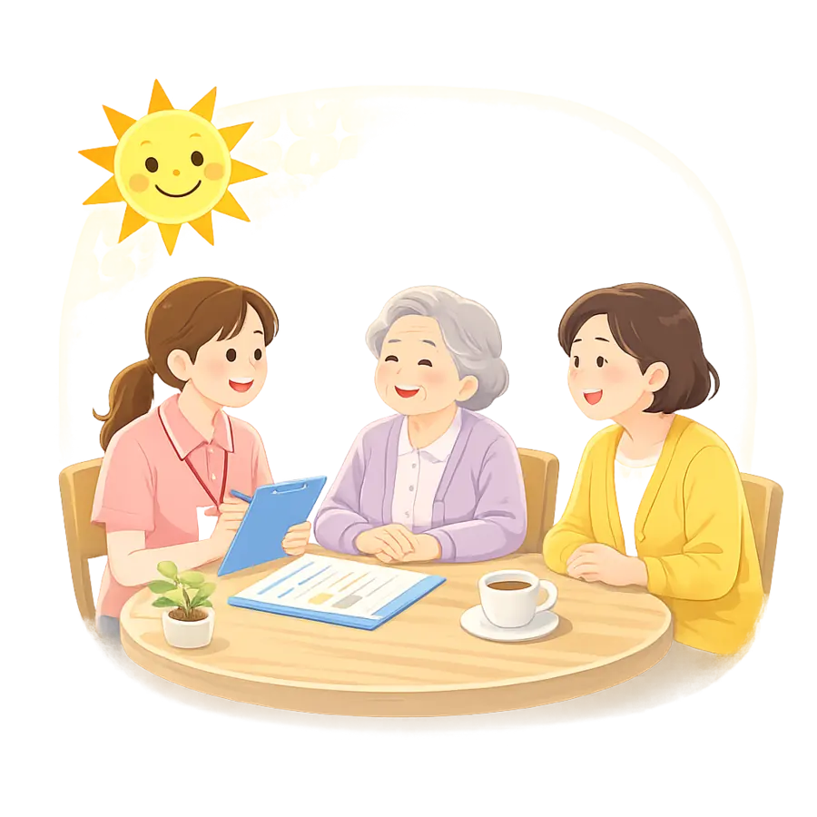 ご本人とご家族、職員が相談しているイメージイラスト